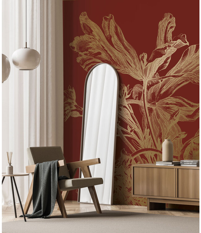 Gold metallic wall mural Engraved Flowers, Bordeaux