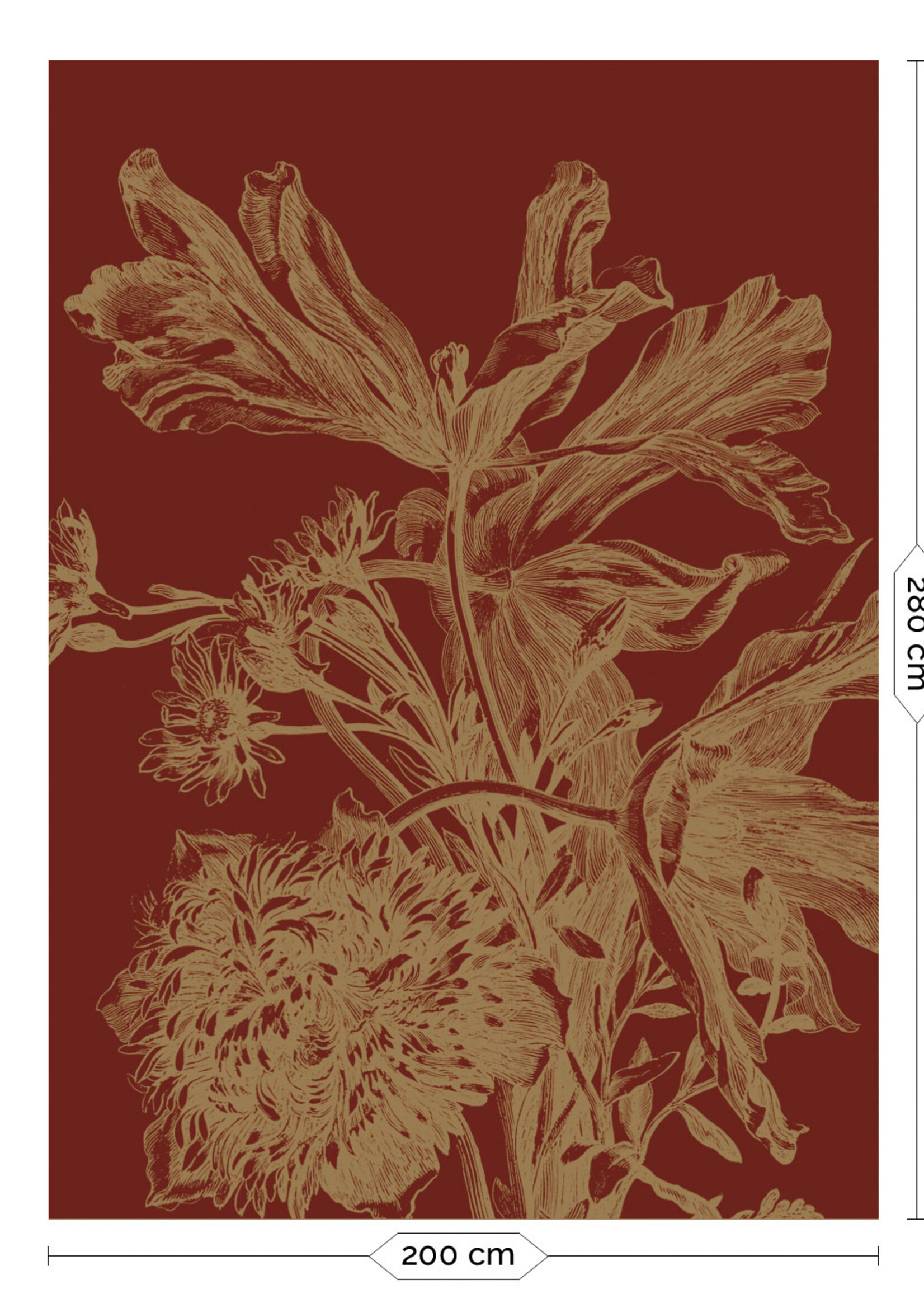 Goud metallic | Afwasbaar Goud behang Engraved Flowers, Bordeaux