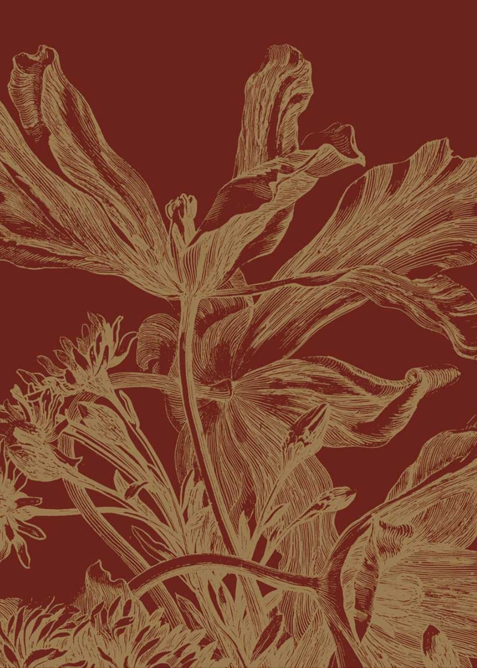 Goud metallic | Afwasbaar Goud behang Engraved Flowers, Bordeaux