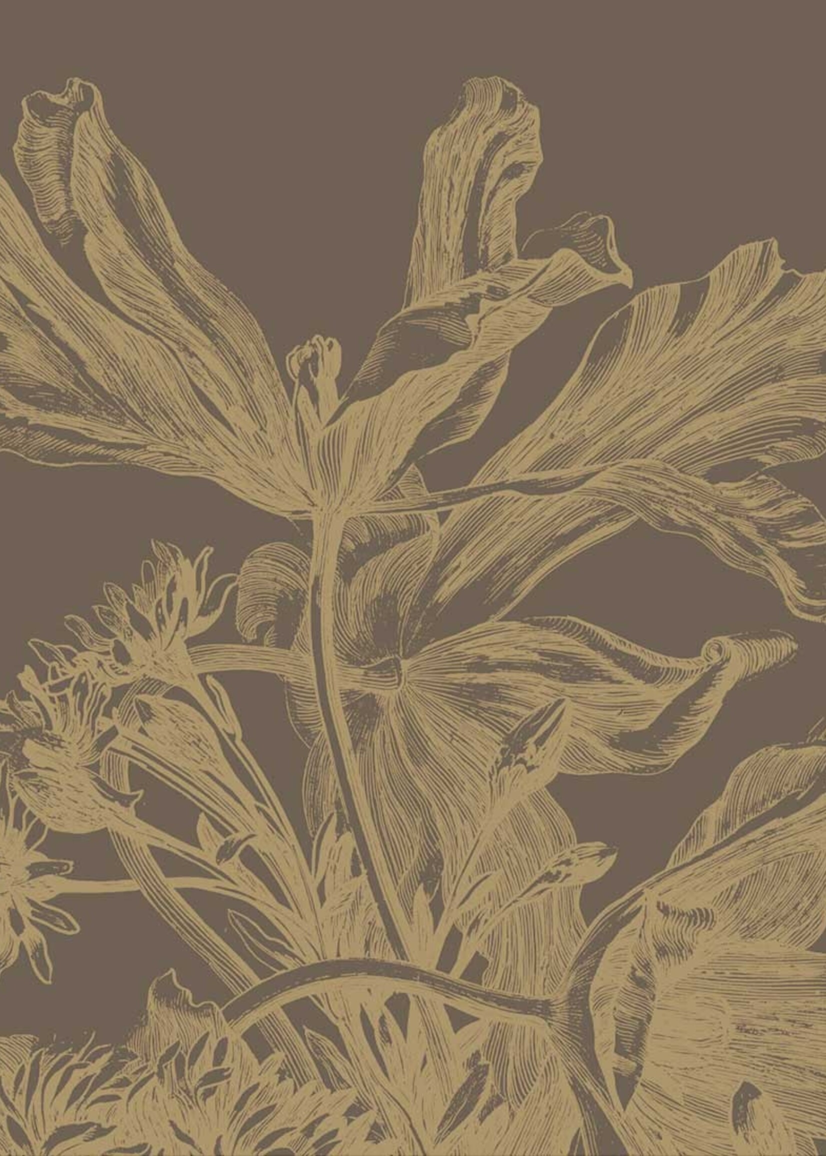 Goud metallic | Afwasbaar Goud behang Engraved Flowers, Bruin