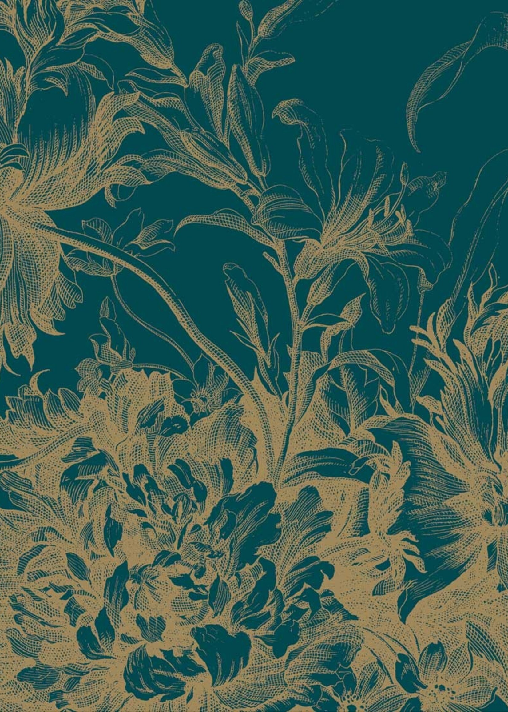 Goud metallic | Afwasbaar Goud behang Engraved Flowers, Petrol