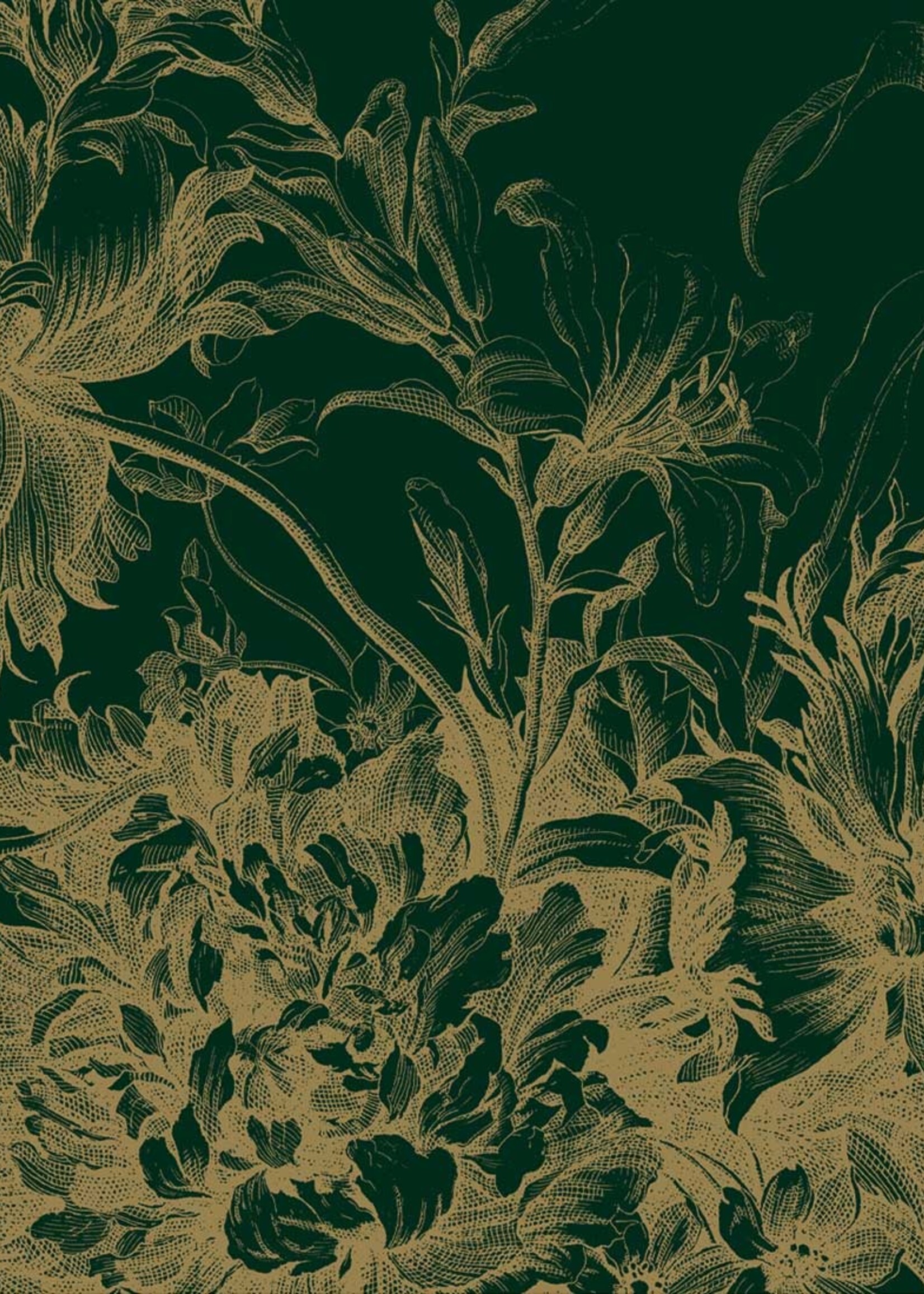 Goud metallic | Afwasbaar Goud behang Engraved Flowers, Groen