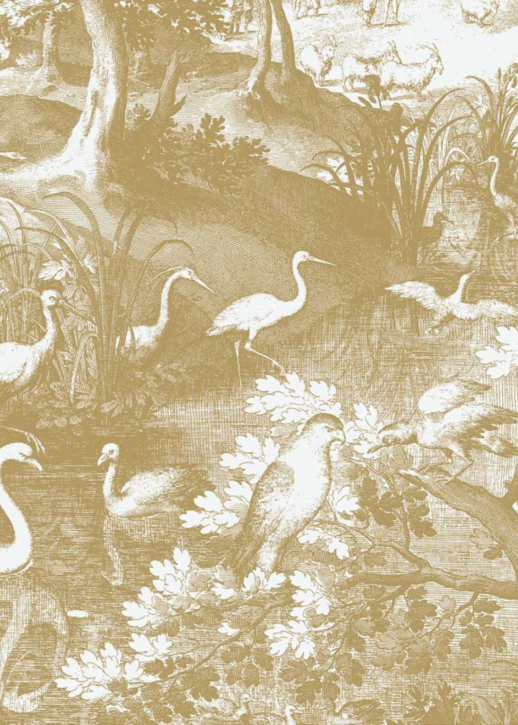 Goud metallic | Afwasbaar Goud behang Engraved Landscapes, Off-white