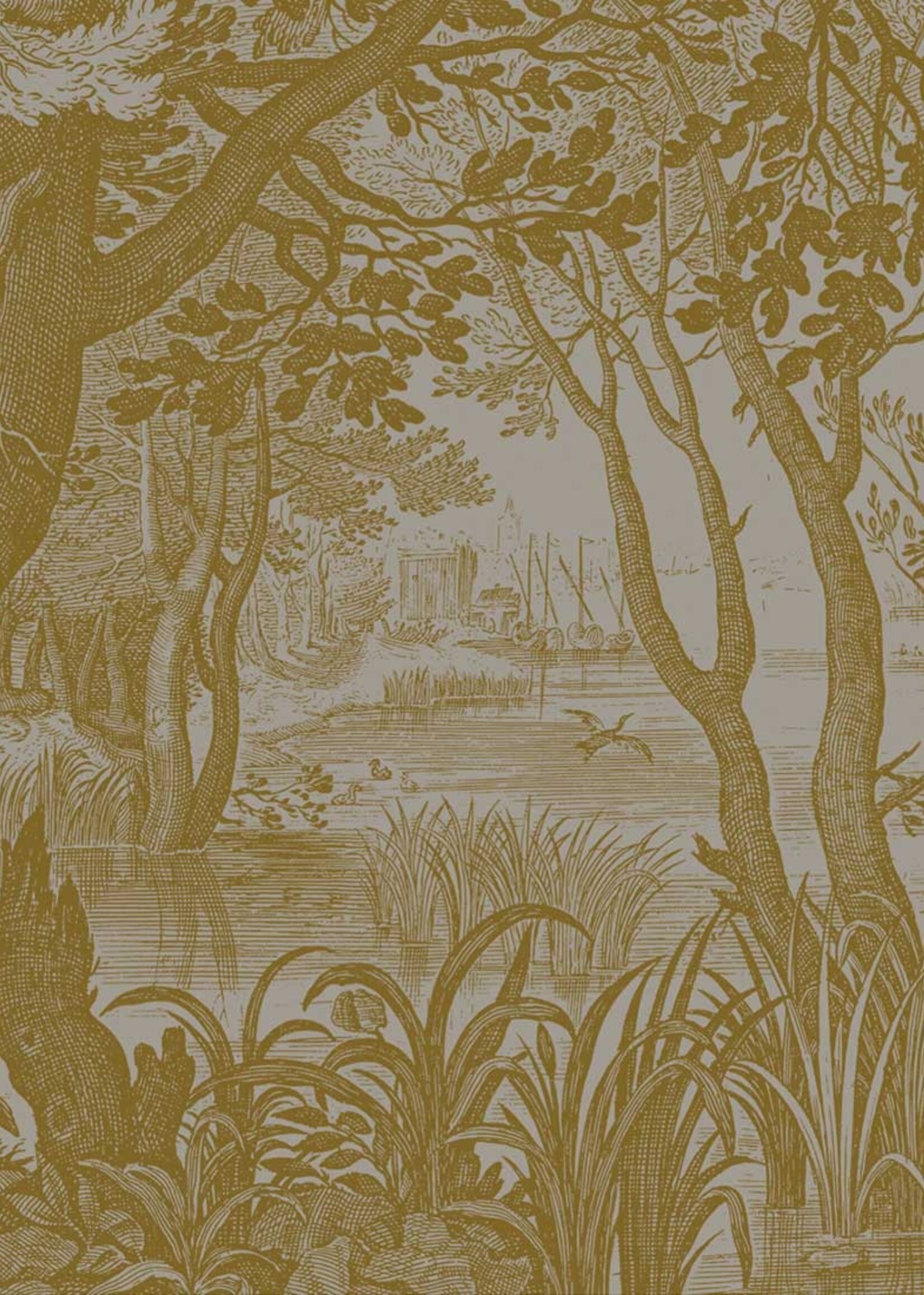 Goud metallic | Afwasbaar Gold-Tapete Engraved Landscapes, Grau