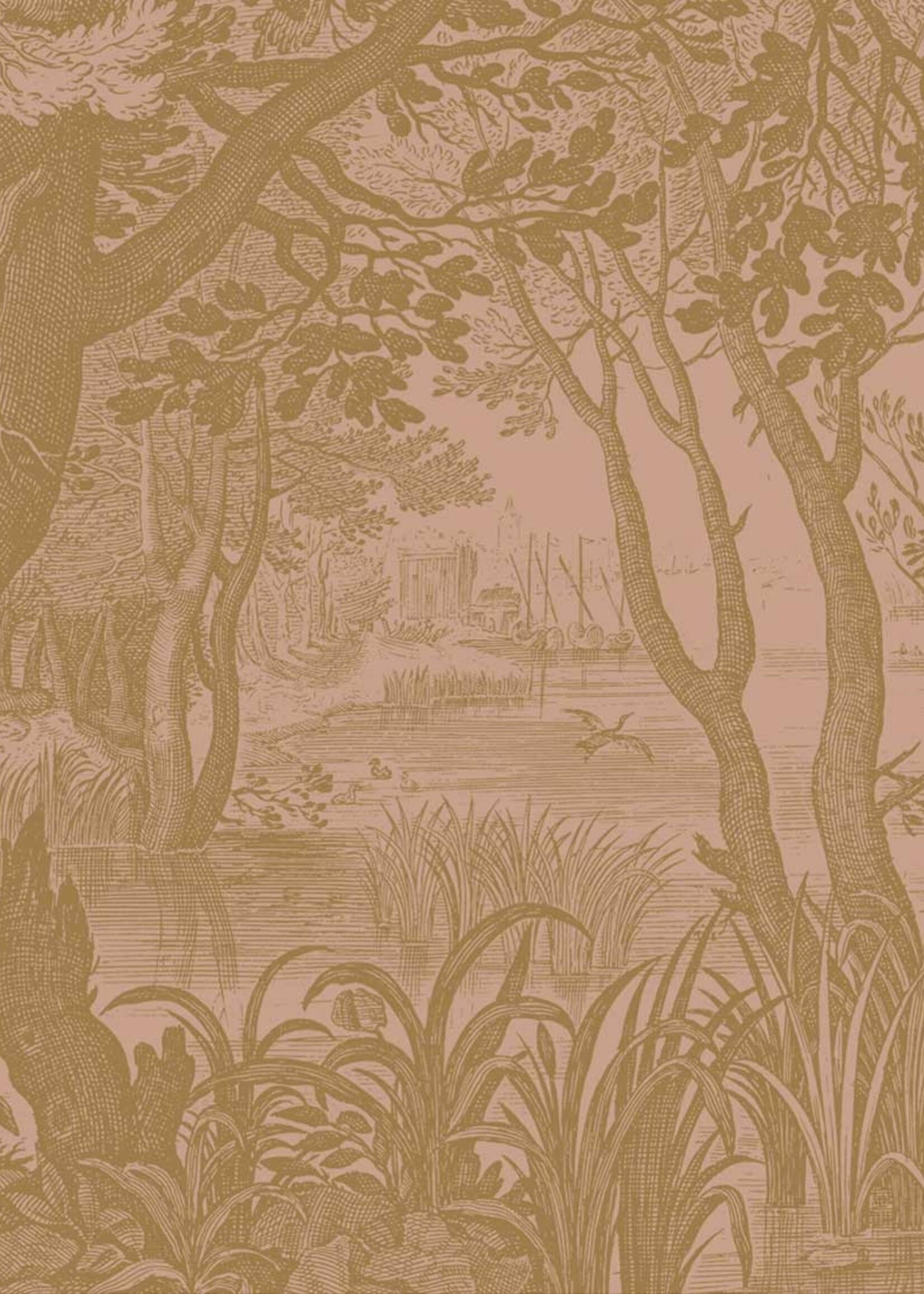 Goud metallic | Afwasbaar Gold-Tapete Engraved Landscapes, Rosa