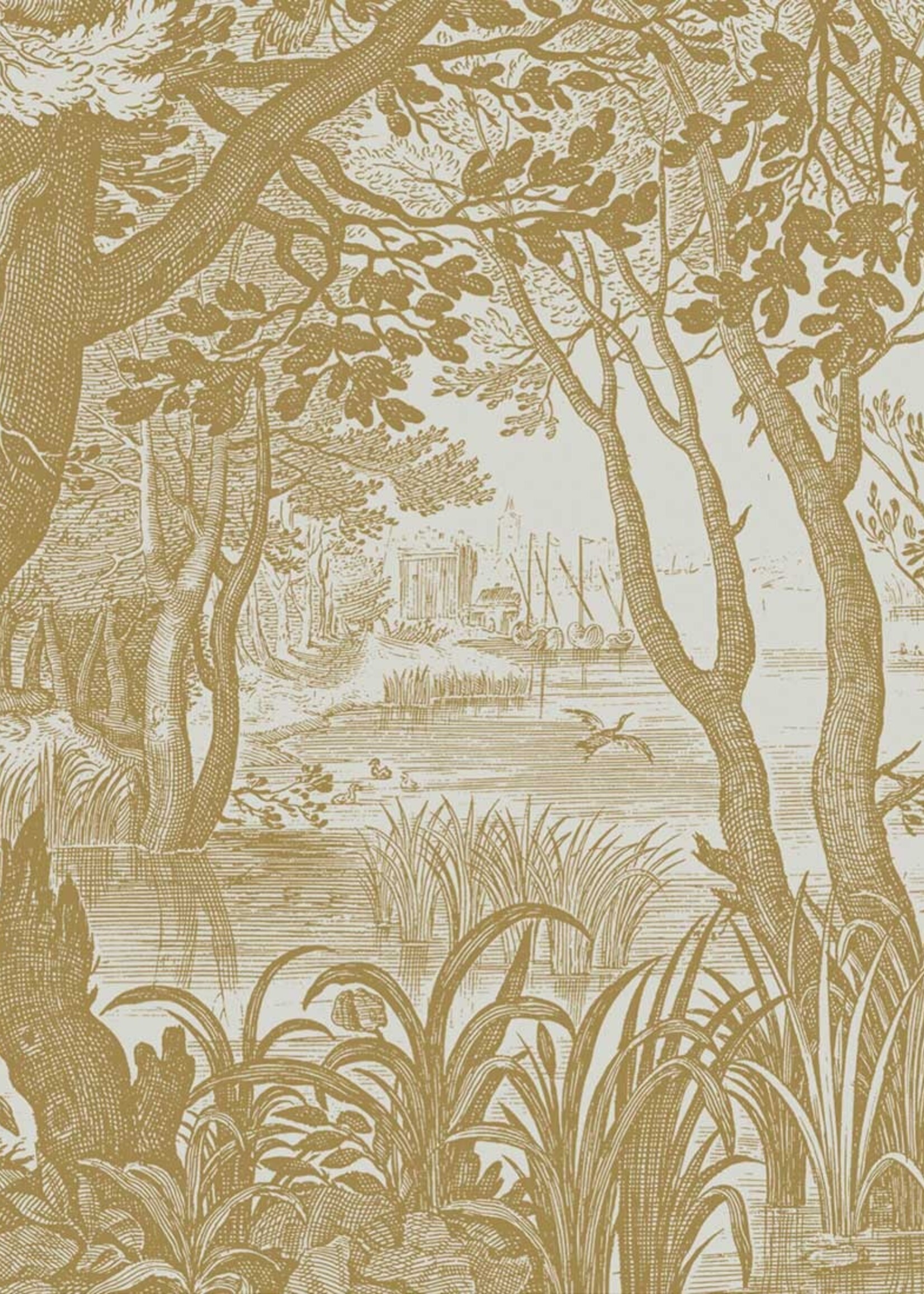Goud metallic | Afwasbaar Goud behang Engraved Landscapes, Zand
