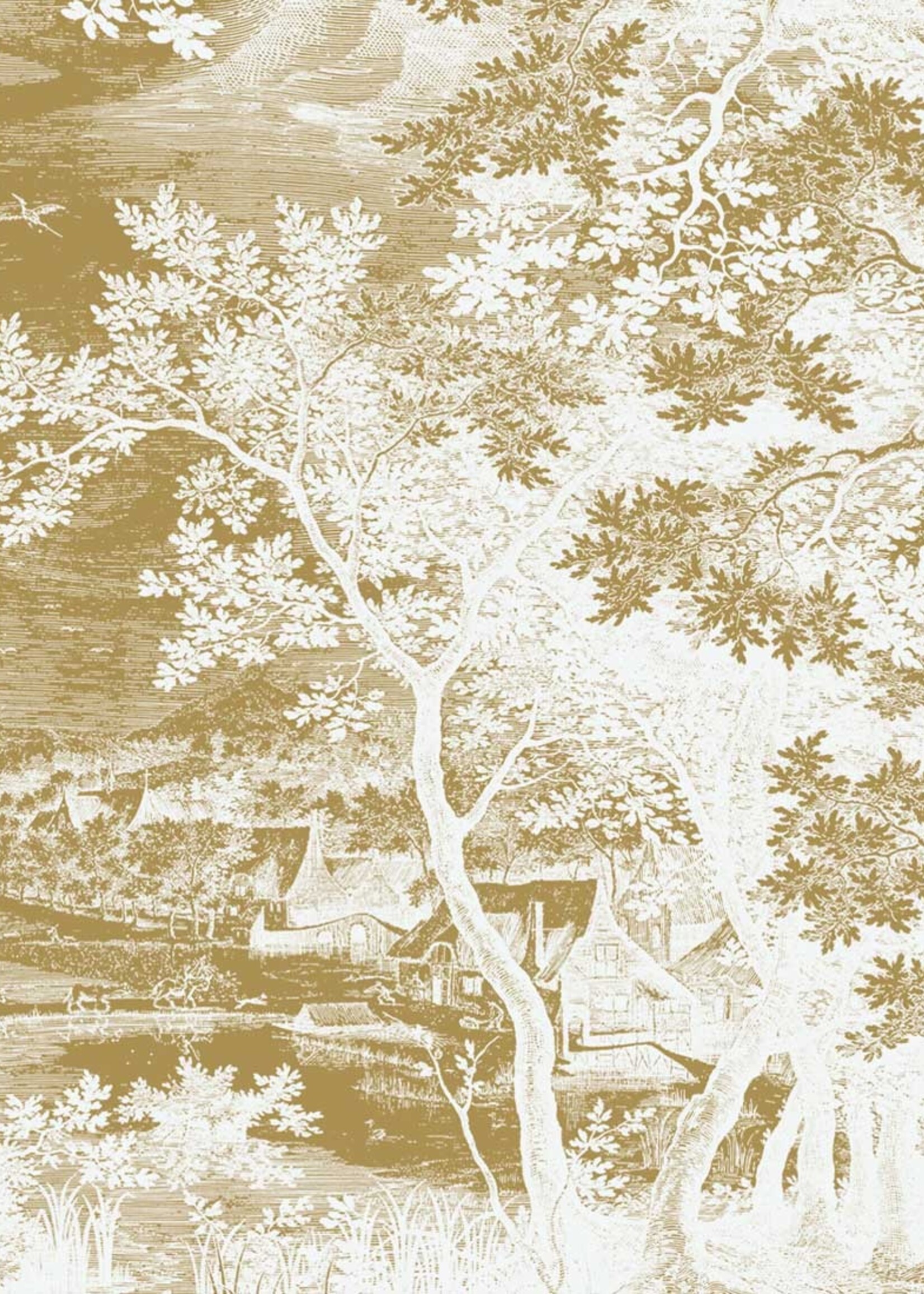 Goud metallic | Afwasbaar Gold-Tapete Engraved Landscapes, Grauweiß
