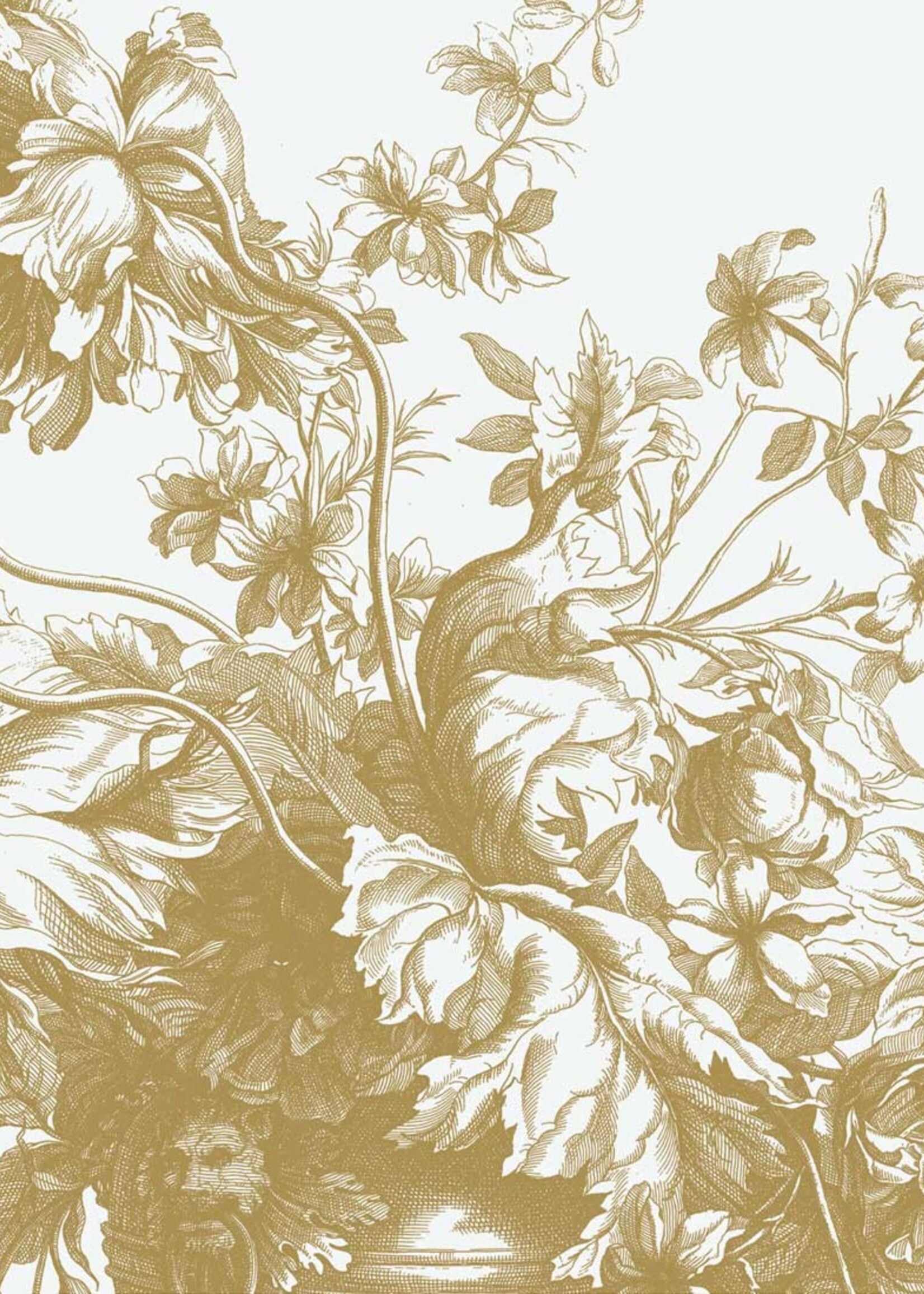 Goud metallic | Afwasbaar Gold metallic wall mural Engraved Flowers, Off-white