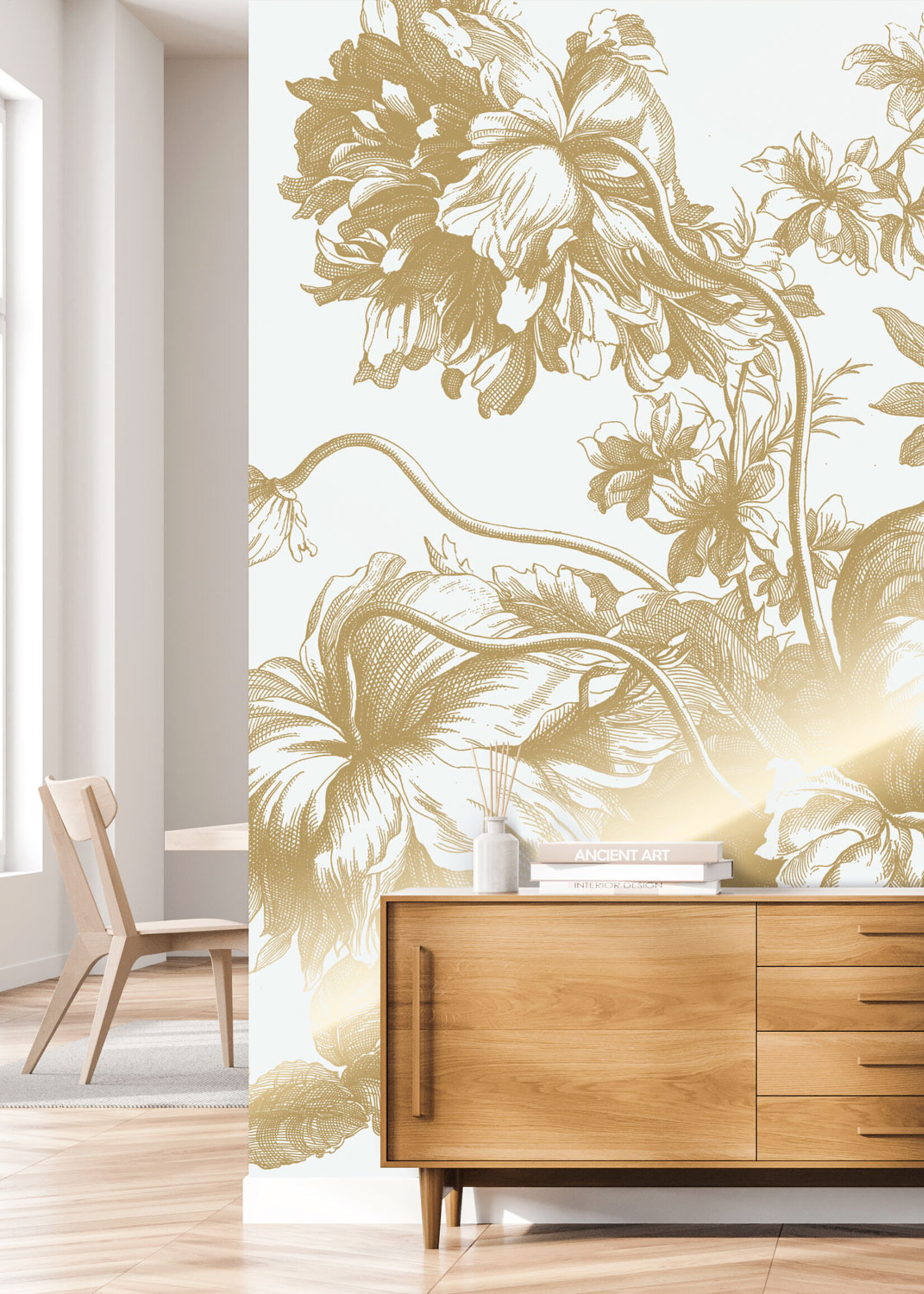 Goud metallic | Afwasbaar Gold metallic wall mural Engraved Flowers, Off-white