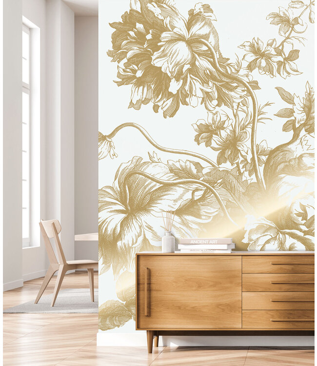 Gold metallic wall mural Engraved Flowers, Off-white