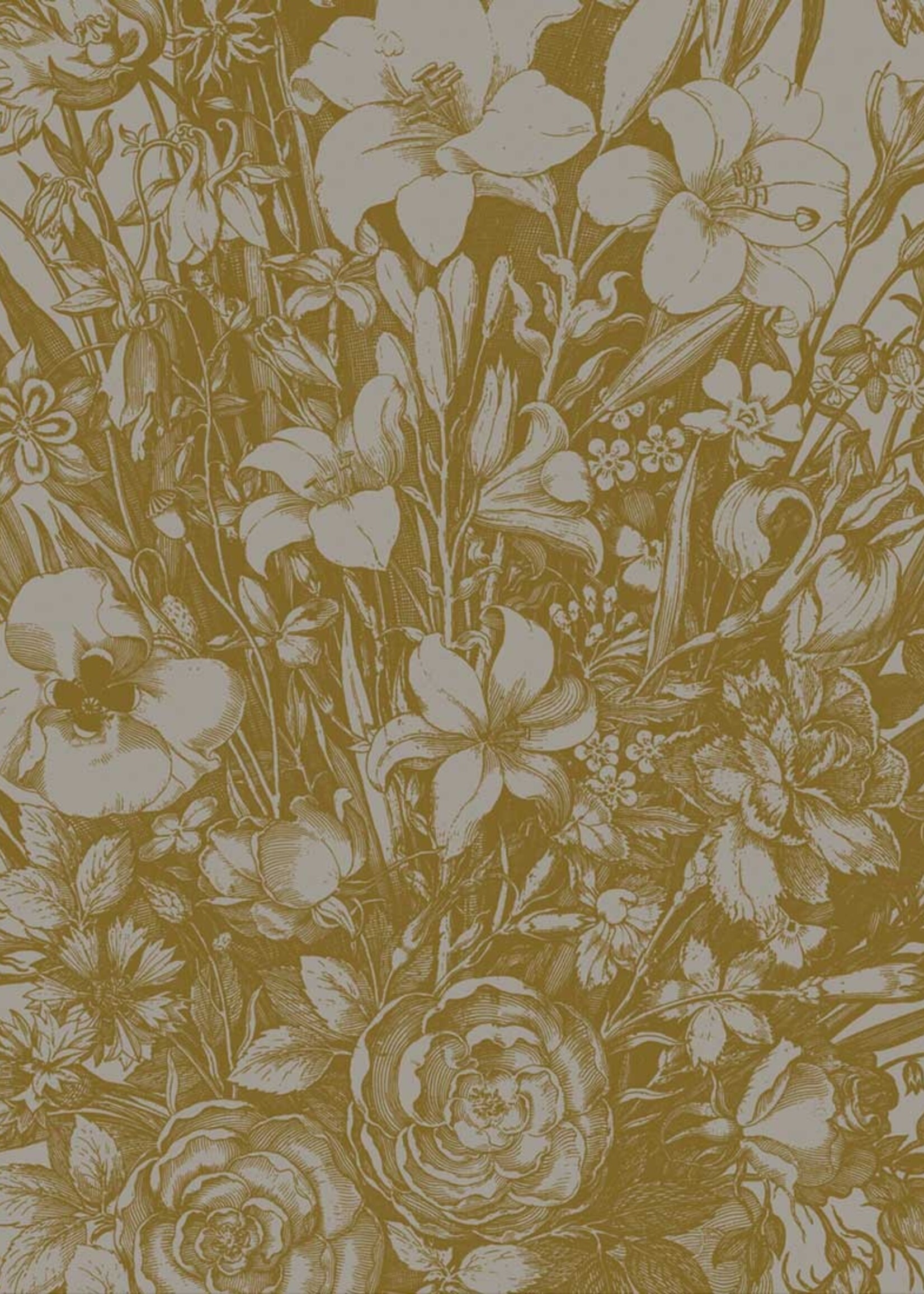Goud metallic | Afwasbaar Gold metallic wall mural Engraved Flowers, Grey