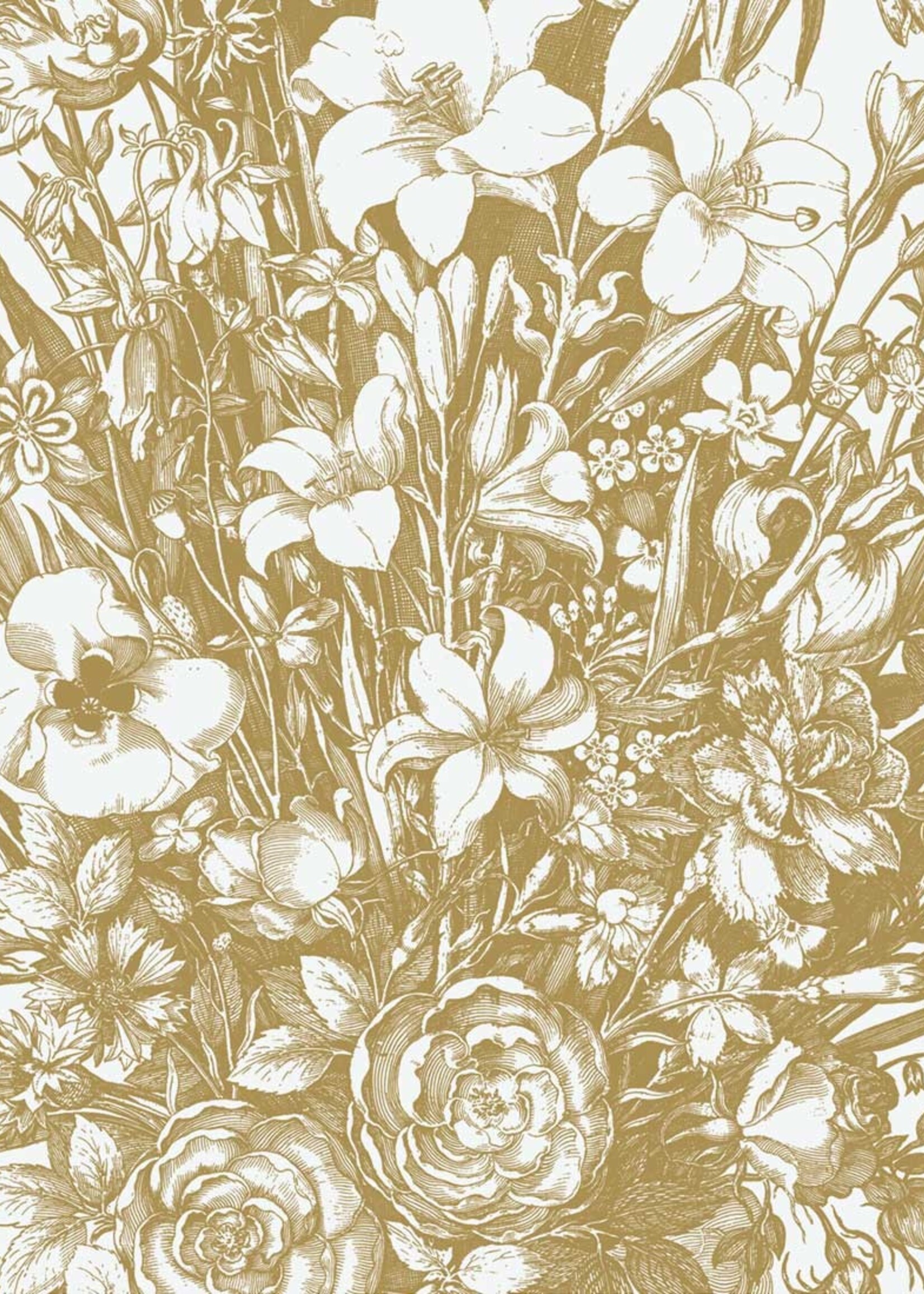 Goud metallic | Afwasbaar Goud behang Engraved Flowers, Off-white