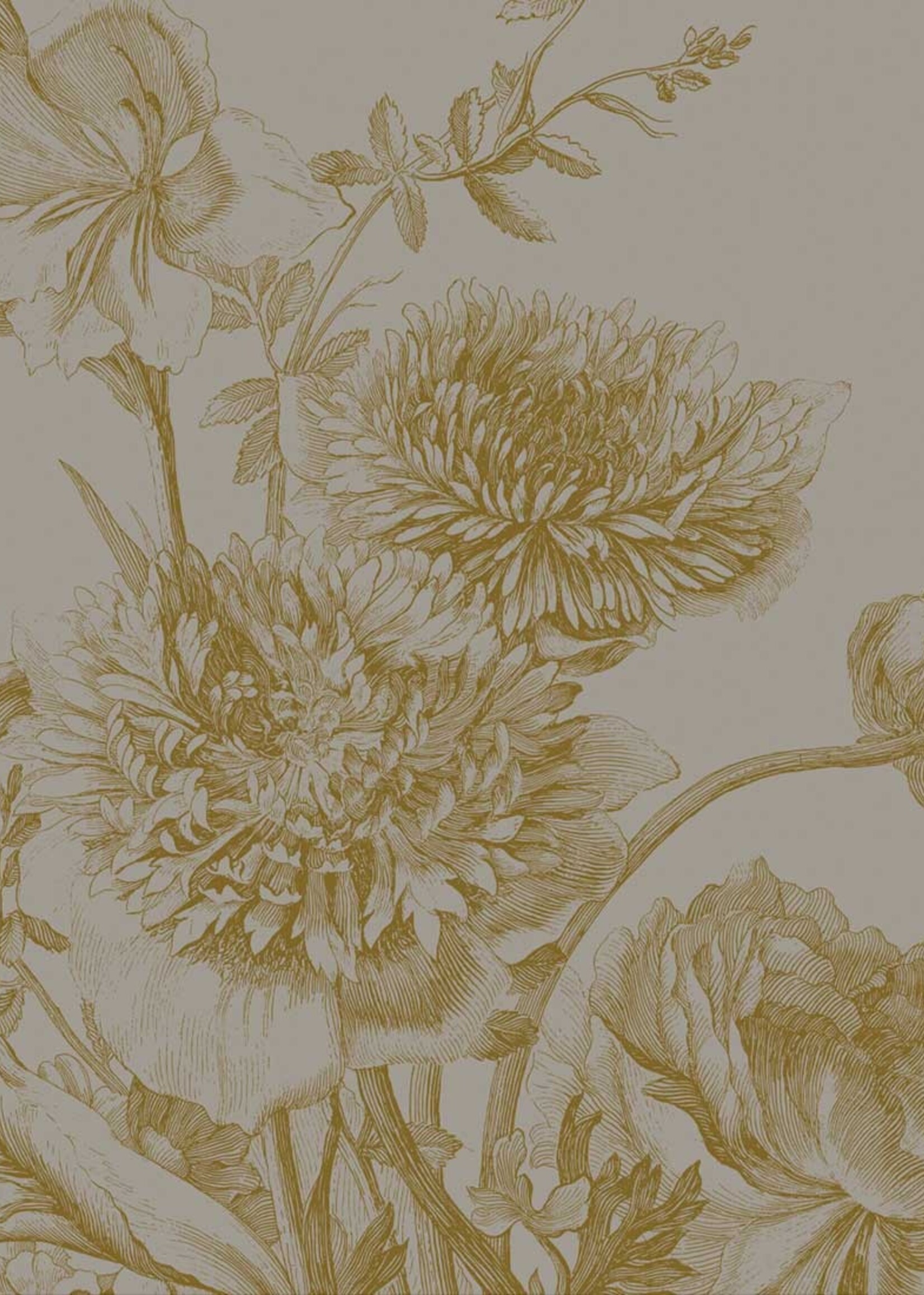 Goud metallic | Afwasbaar Gold metallic wall mural Engraved Flowers, Grey