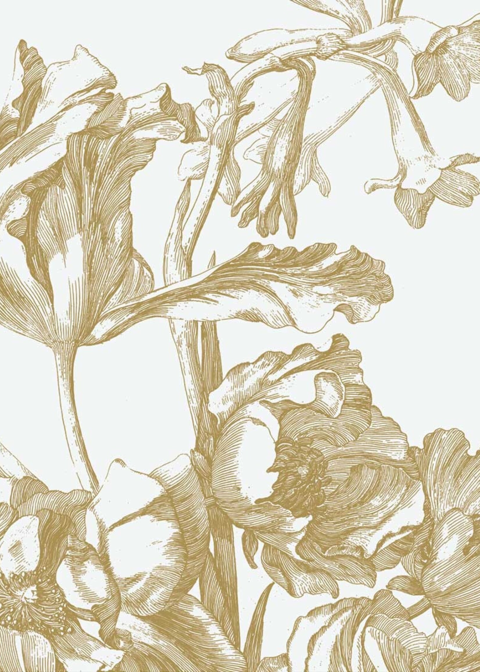 Goud metallic | Afwasbaar Gold-Tapete Engraved Flowers, Grauweiß