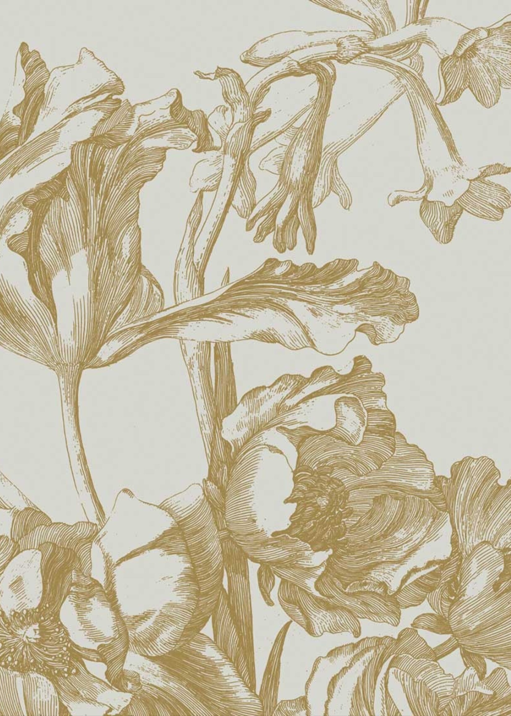 Goud metallic | Afwasbaar Goud behang Engraved Flowers, Zand
