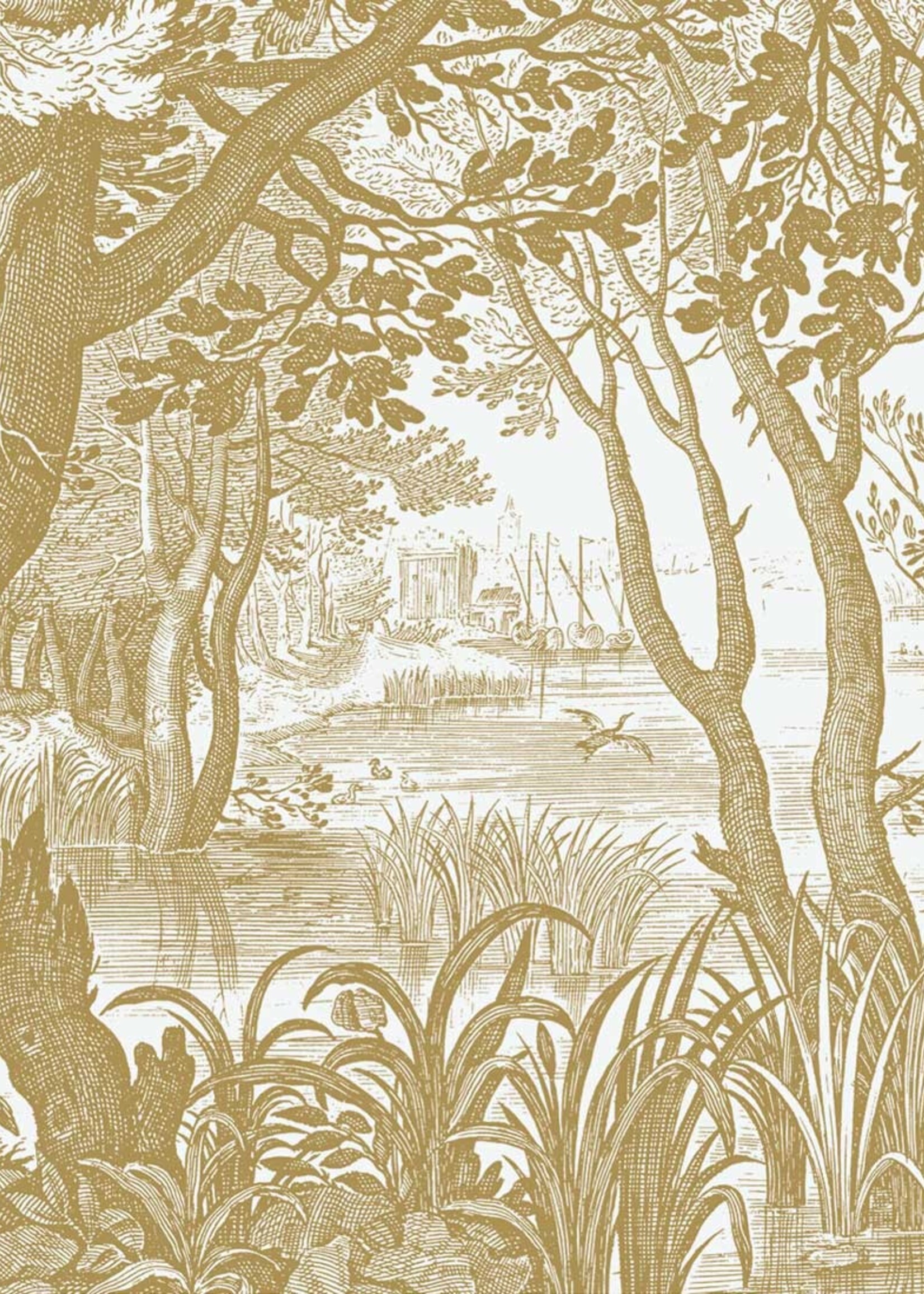 Gold-Tapete Engraved Landscapes, Grauweiß