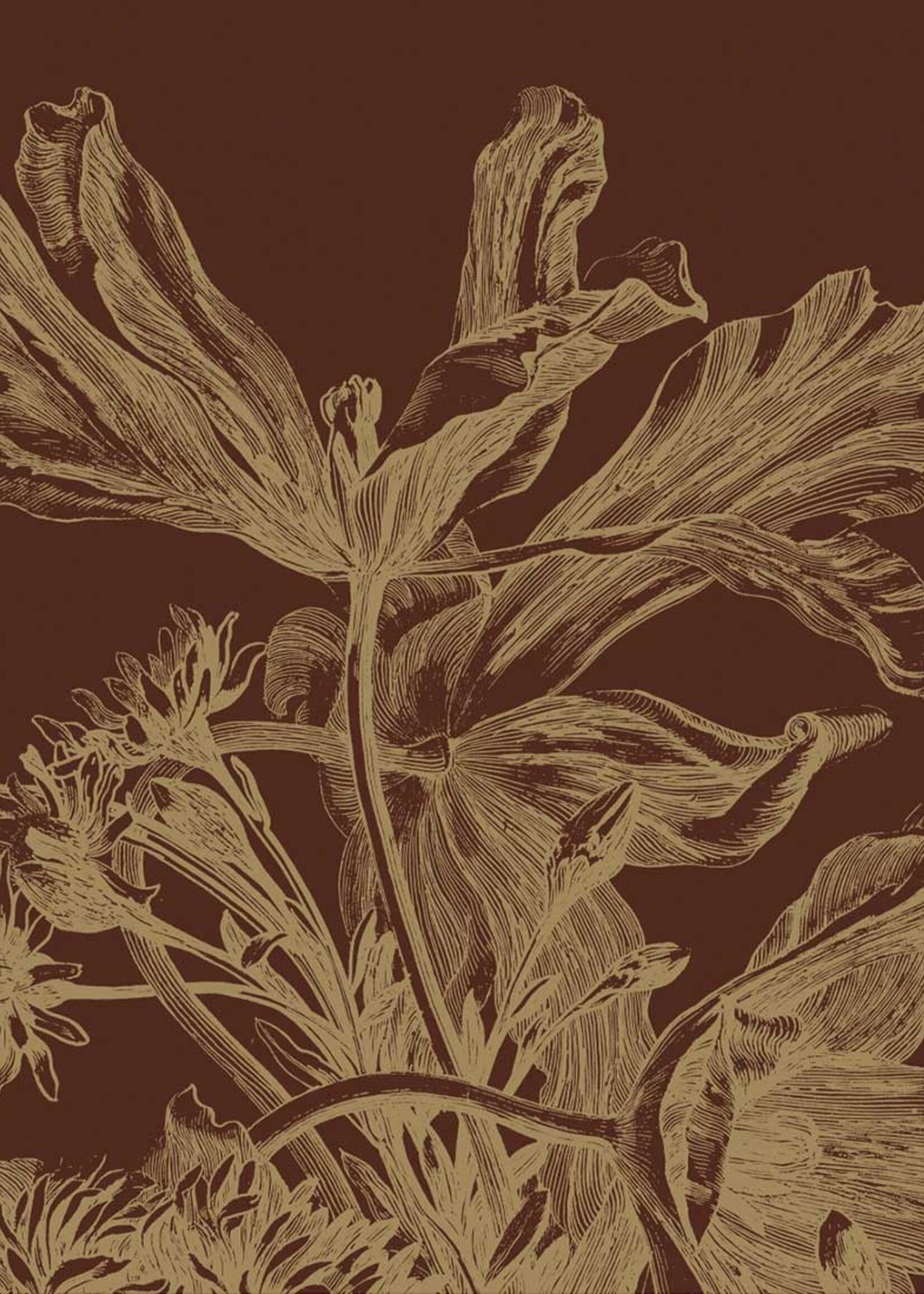 Gold metallic wall mural Engraved Flowers, Rust brown