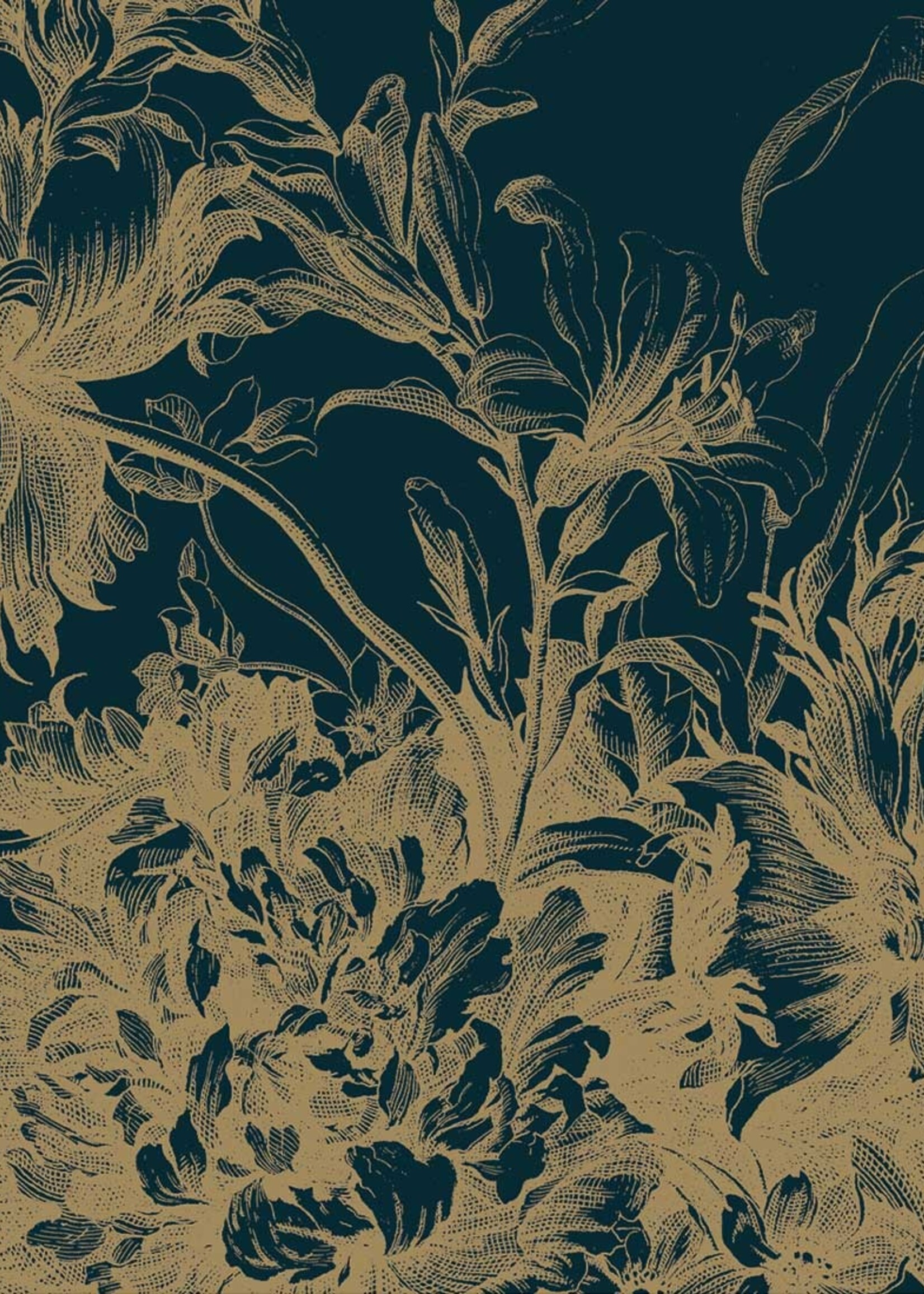 Goud behang Engraved Flowers, donkerblauw