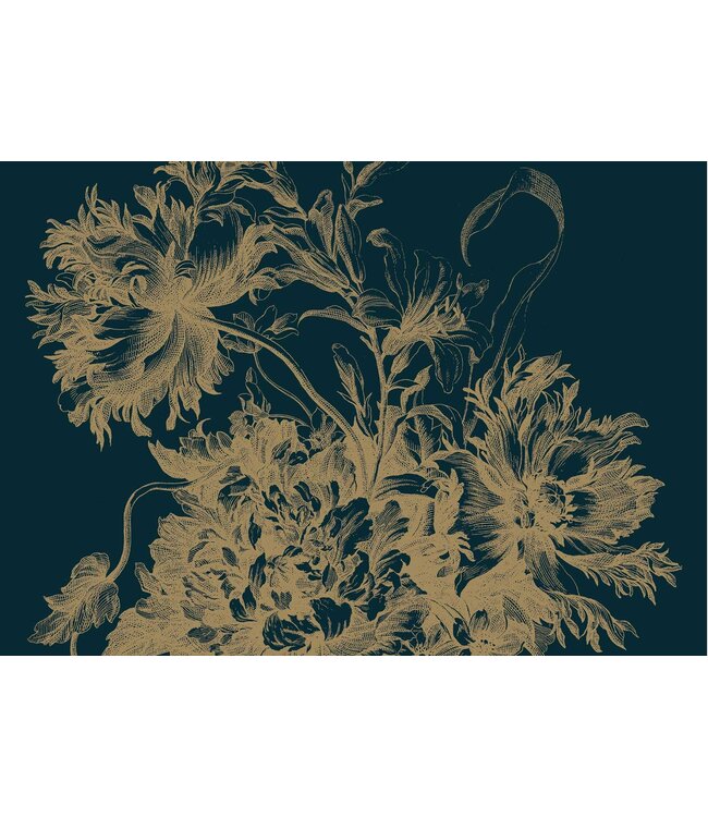 Gold-Tapete Engraved Flowers, Dunkelblau
