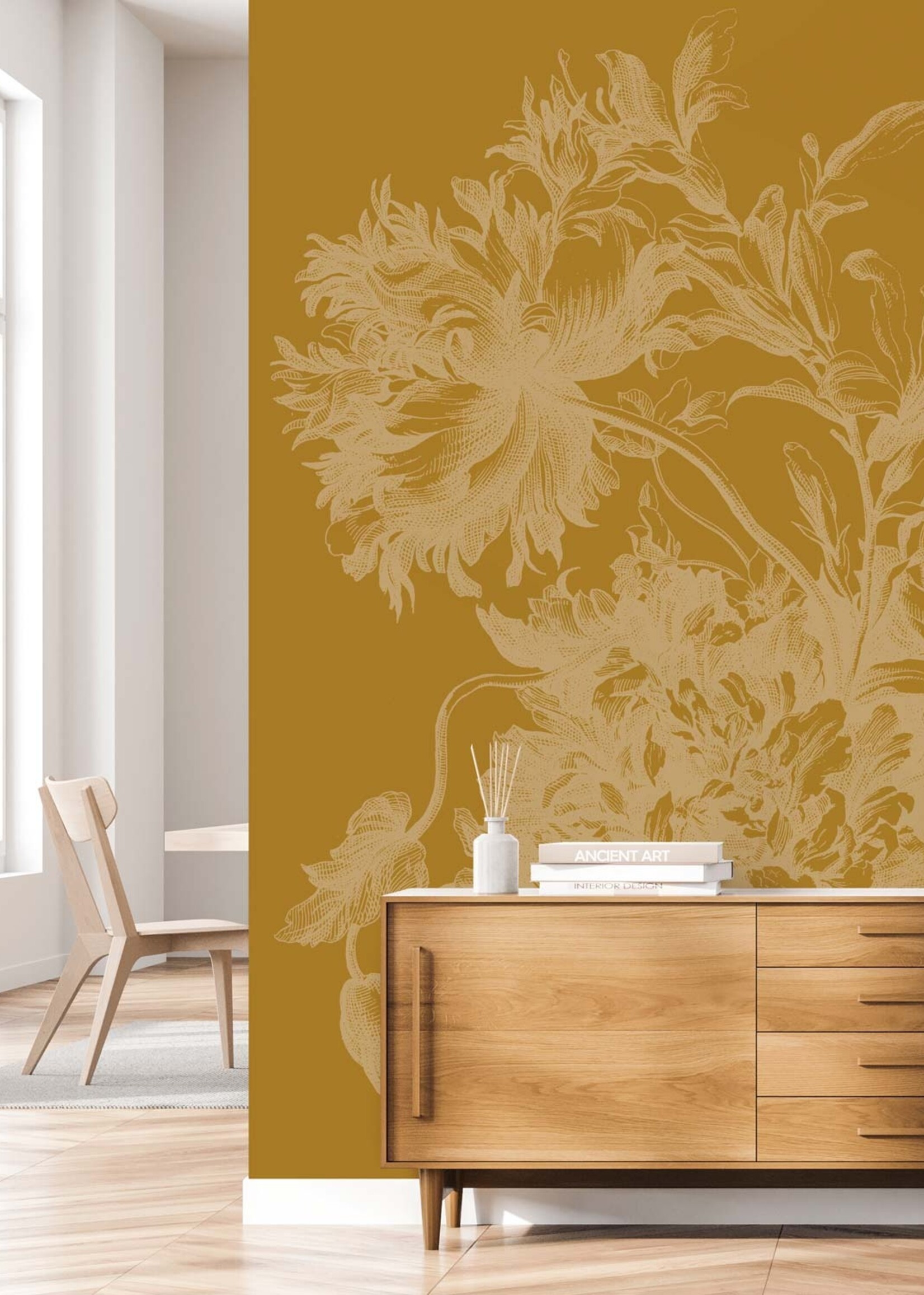 Goud metallic | Afwasbaar Goud behang Engraved Flowers, Geel