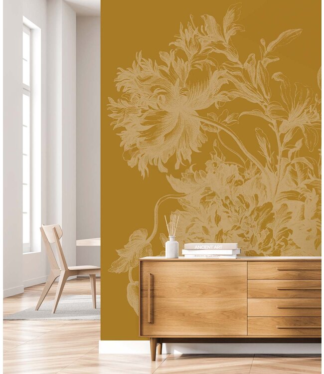 Goud metallic | Afwasbaar Goud behang Engraved Flowers