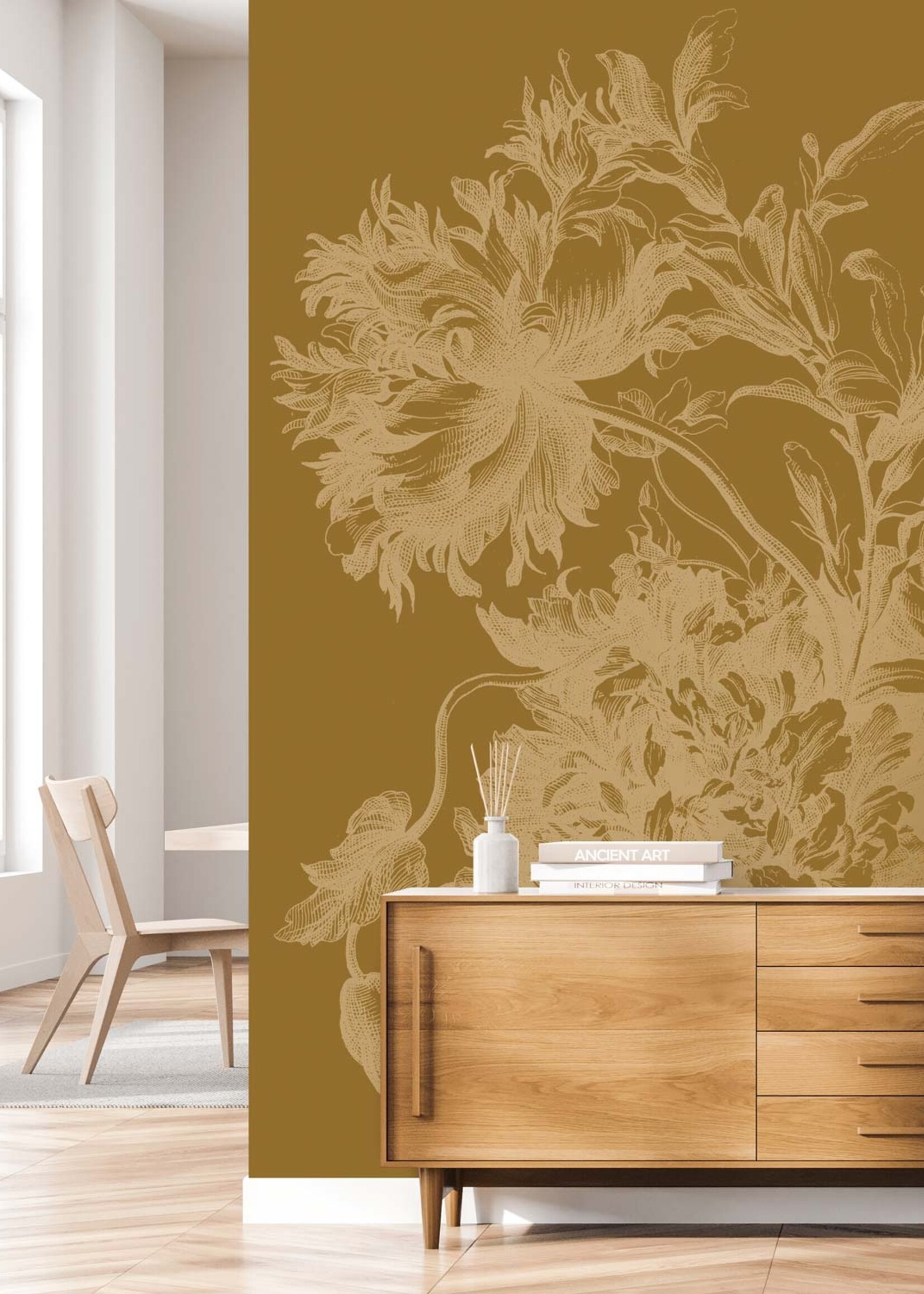 Goud metallic | Afwasbaar Gold-Tapete Engraved Flowers, Ocker