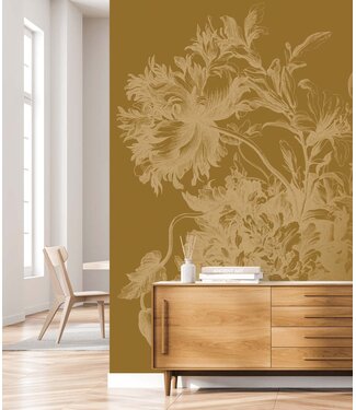 Goud metallic | Afwasbaar Goud behang Engraved Flowers