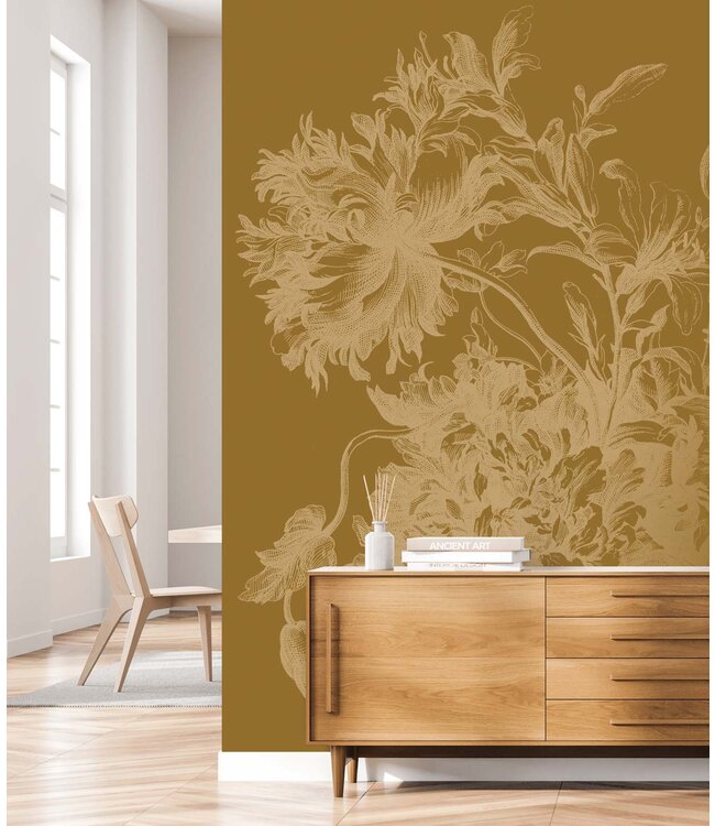 Goud metallic | Afwasbaar Goud behang Engraved Flowers