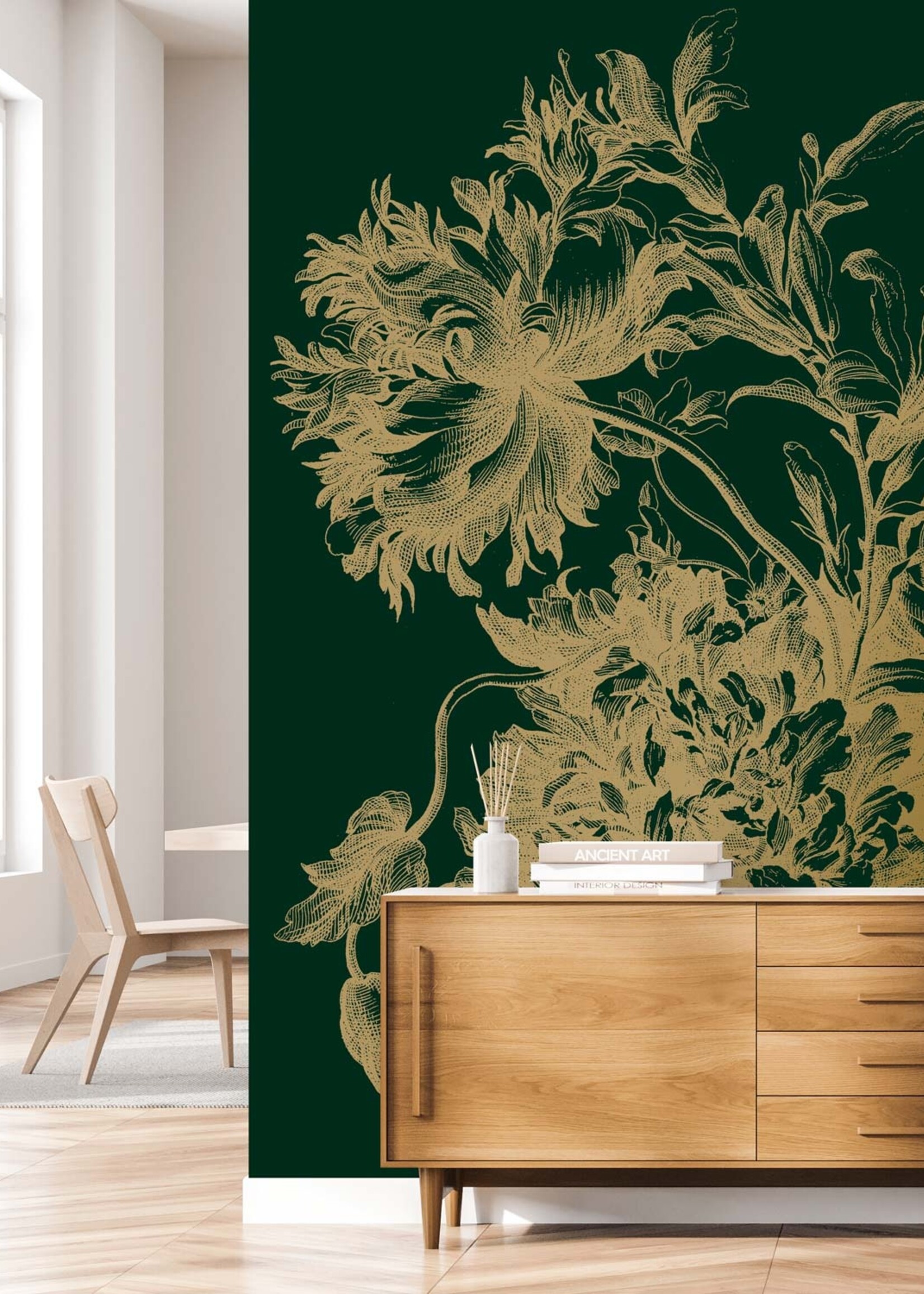 Goud metallic | Afwasbaar Gold metallic wall mural Engraved Flowers, Green