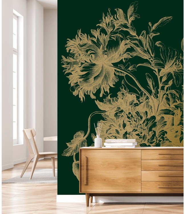 Gold metallic wall mural Engraved Flowers, Green