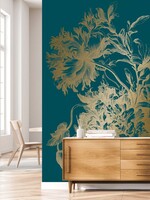 Goud metallic | Afwasbaar Gold metallic wall mural Engraved Flowers