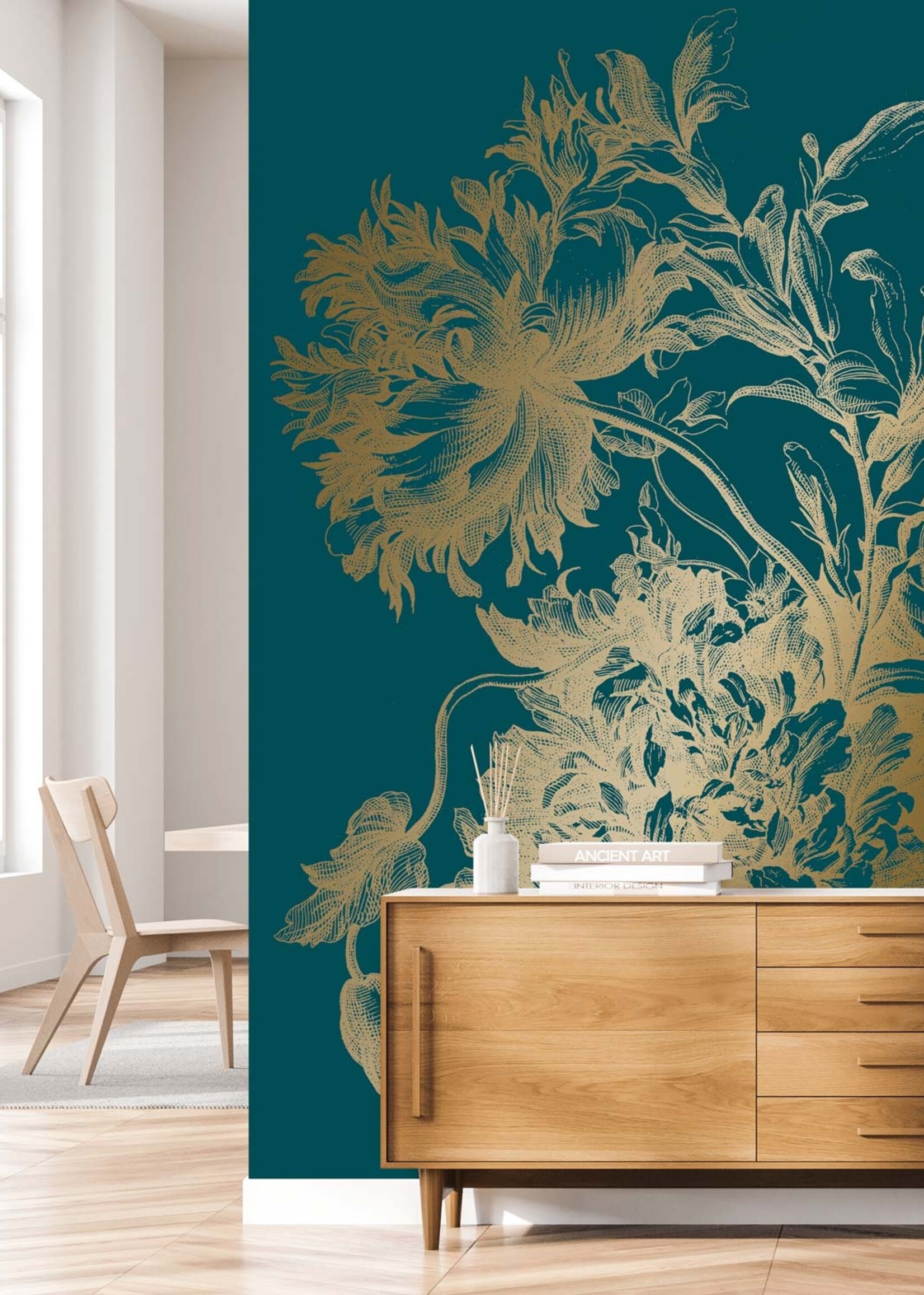 Goud metallic | Afwasbaar Gold-Tapete Engraved Flowers, Petrol