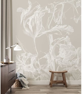 Wandvullend | Afwasbaar Engraved Flowers wallpaper, Grey