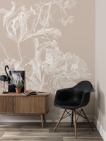 Wandvullend Engraved Flowers, behang met getekende bloemen, Zand