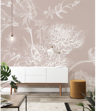 Wandvullend | Afwasbaar Engraved Flowers, behang met getekende bloemen, Nude