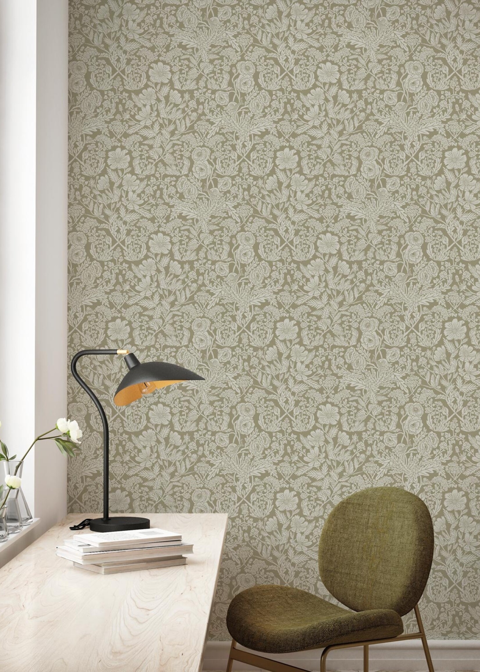 Wallpaper with drawn floral pattern by Floor Rieder, Sand, 100 x 280 cm