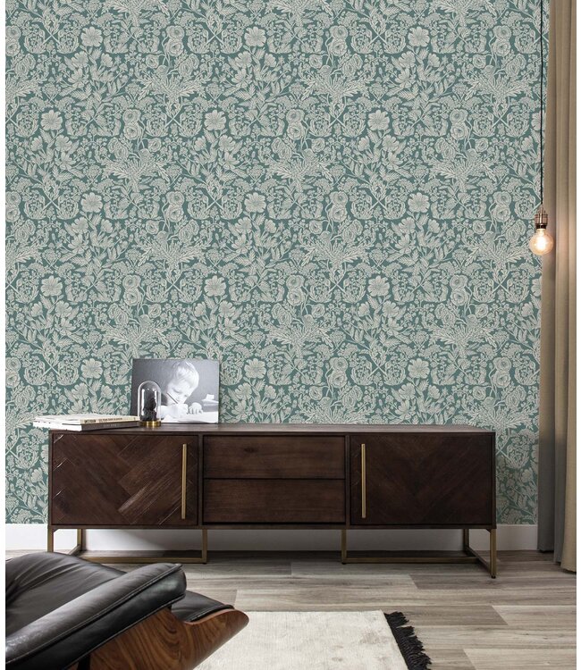 Behang met getekende bloemen patroon door Floor Rieder, Blauw, 100 x 280 cm