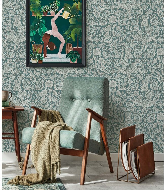 Wallpaper with drawn floral pattern by Floor Rieder, Blue, 100 x 280 cm