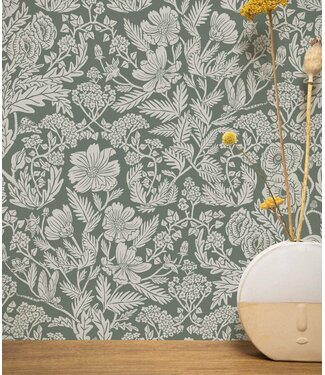 Herhaalbaar | Afwasbaar Wallpaper with drawn flowers, Green