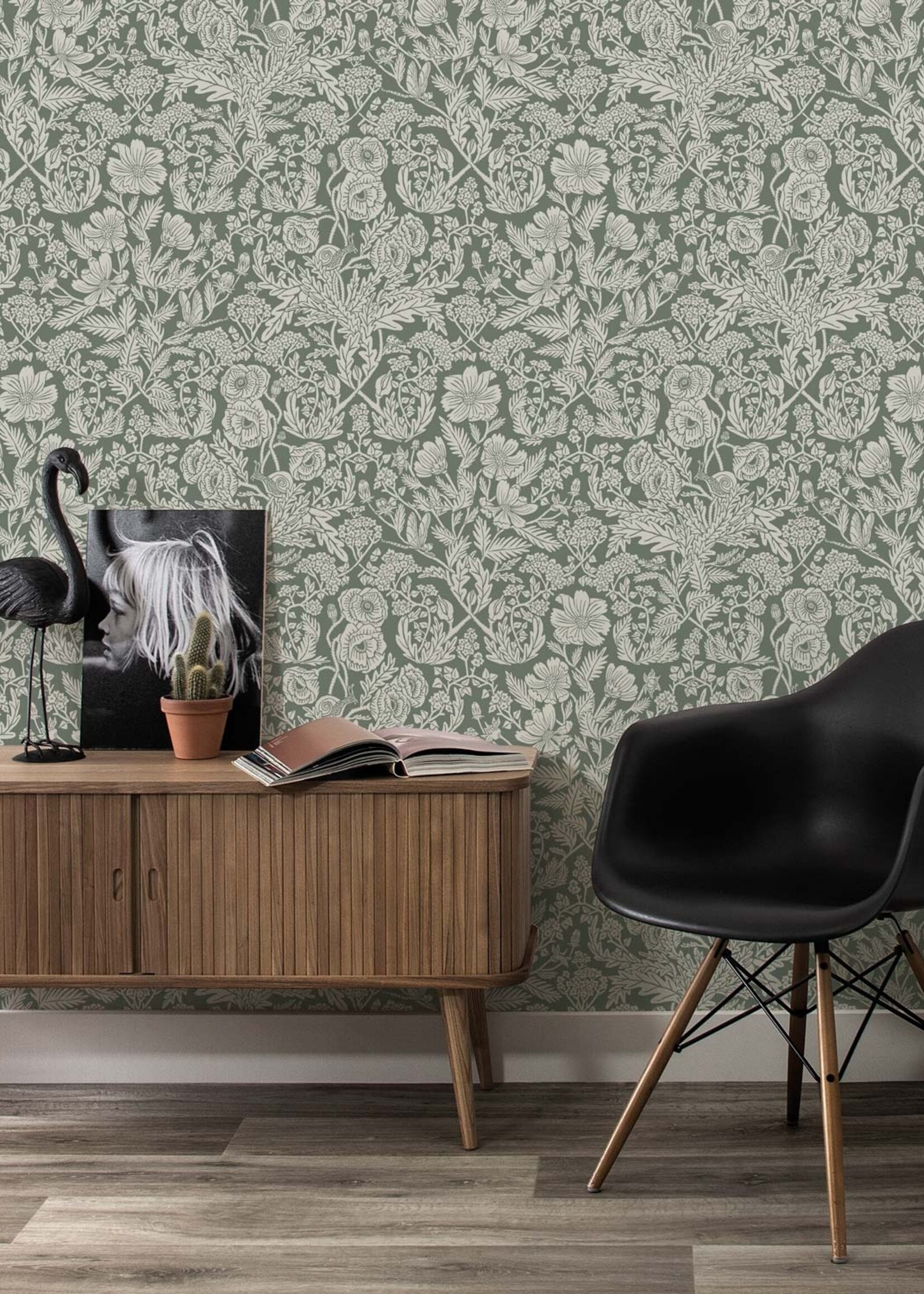 Behang met getekende bloemen patroon door Floor Rieder, Groen, 100 x 280 cm