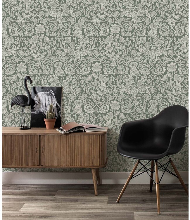 Behang met getekende bloemen patroon door Floor Rieder, Groen, 100 x 280 cm