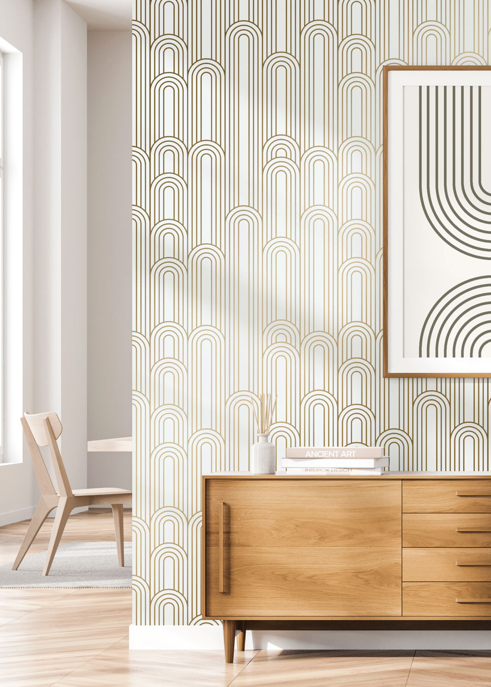 Goud metallic | Afwasbaar Golden Lines, Goud geometrisch lijnen behang, Off-white, Afwasbaar, 100 x 280 cm