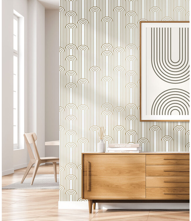 Golden Lines, Goud geometrisch lijnen behang, Off-white, Afwasbaar, 100 x 280 cm