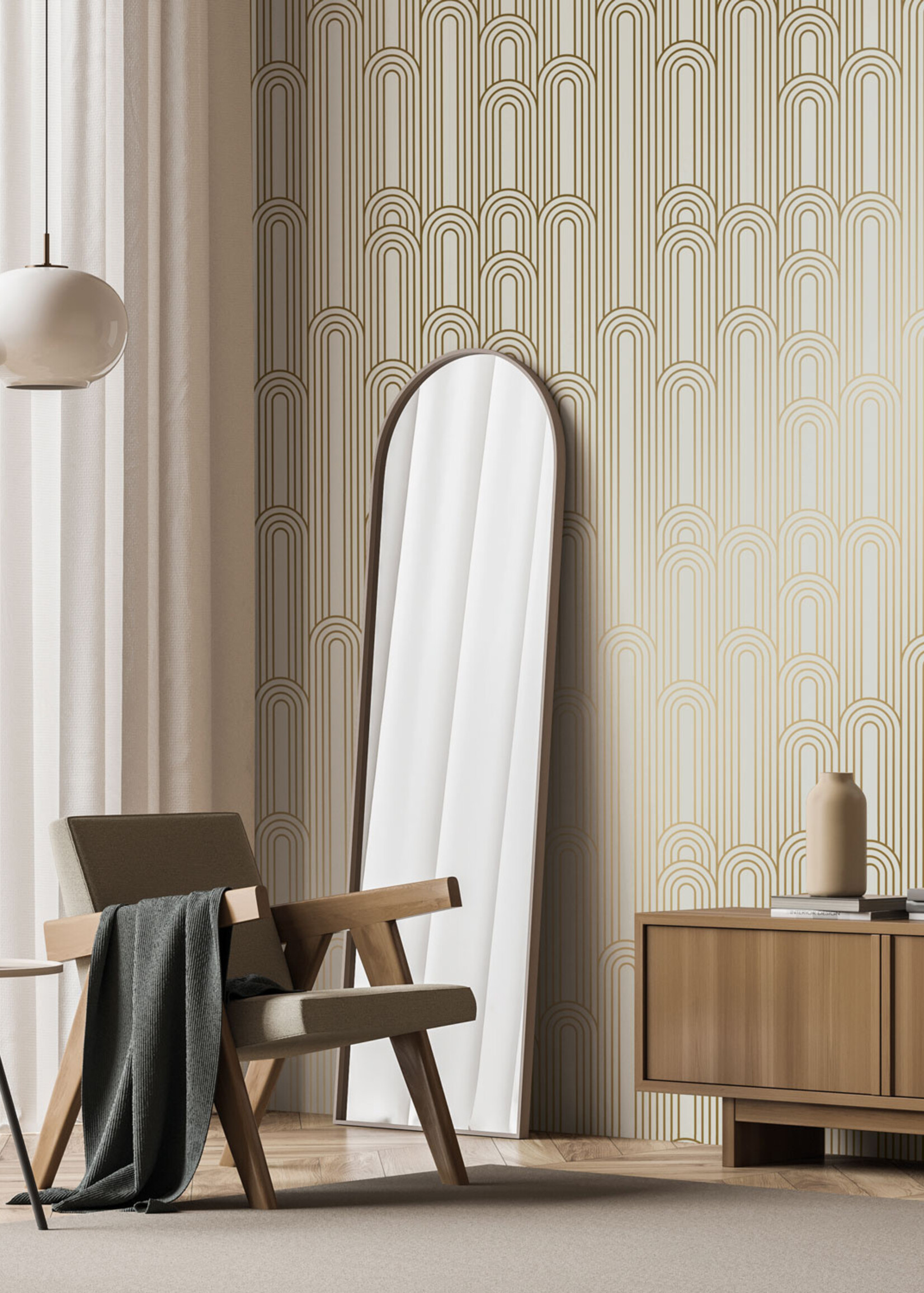 Goud metallic | Afwasbaar Golden Lines, Goud geometrisch lijnen behang, Zand, Afwasbaar, 100 x 280 cm