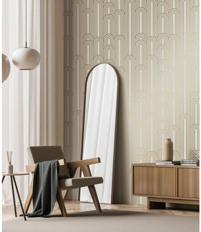 Golden Lines, Goud geometrisch lijnen behang, Zand, Afwasbaar, 100 x 280 cm
