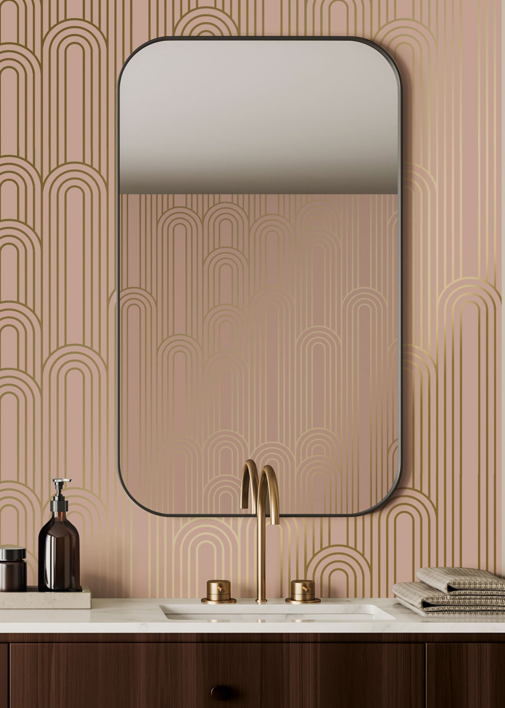 Goud metallic | Afwasbaar Golden Lines, Goud geometrisch lijnen behang, Nude, Afwasbaar, 100 x 280 cm