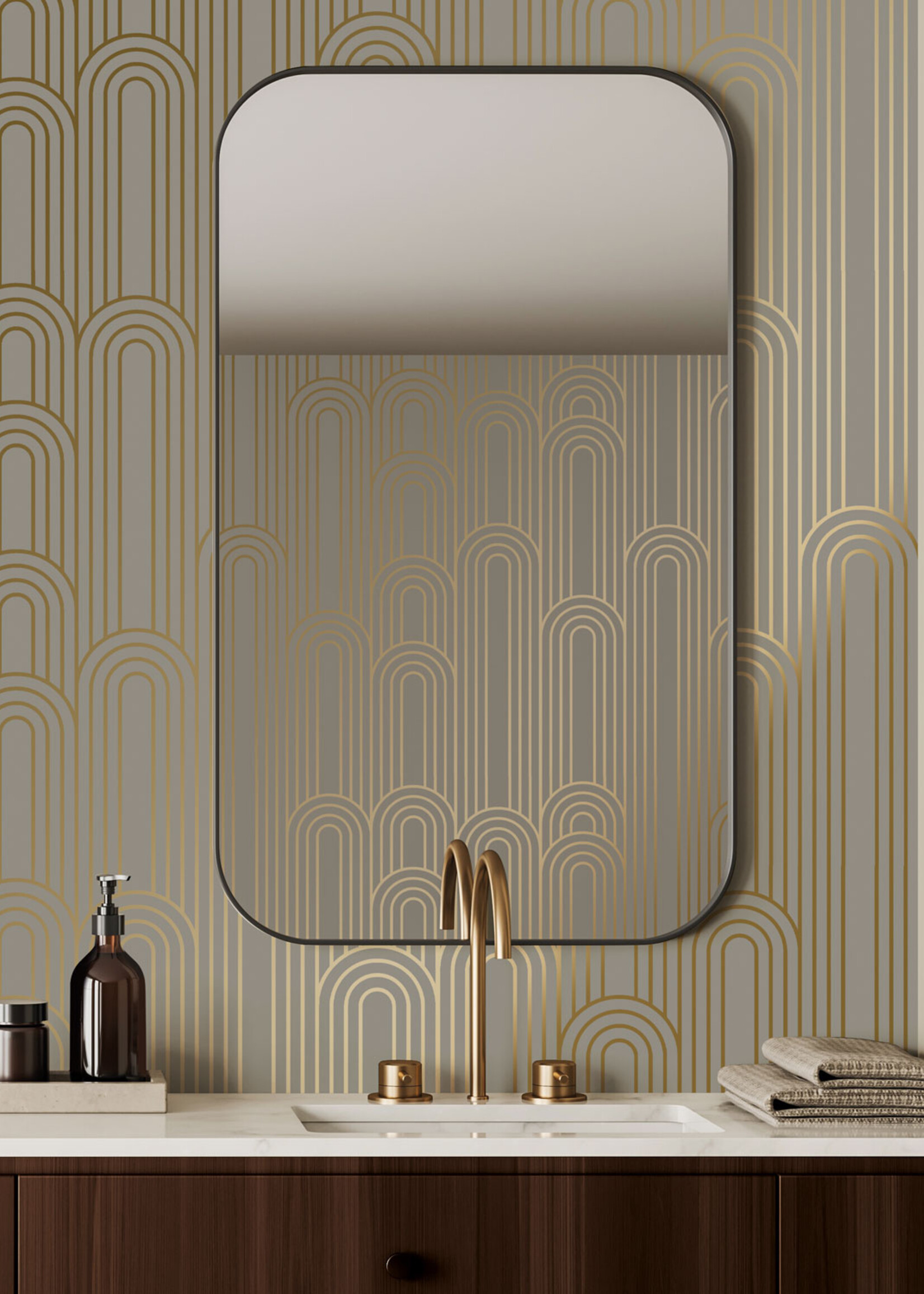Goud metallic | Afwasbaar Golden Lines, Tapete mit goldenen geometrischen Linien, Taupe, Waschbar, 100 x 280 cm