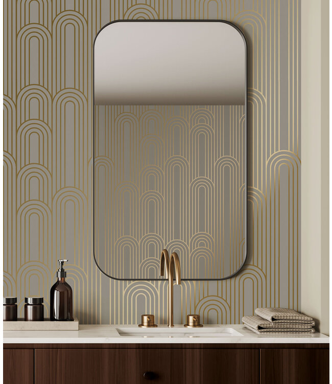 Golden Lines, Goud geometrisch lijnen behang, Taupe, Afwasbaar, 100 x 280 cm