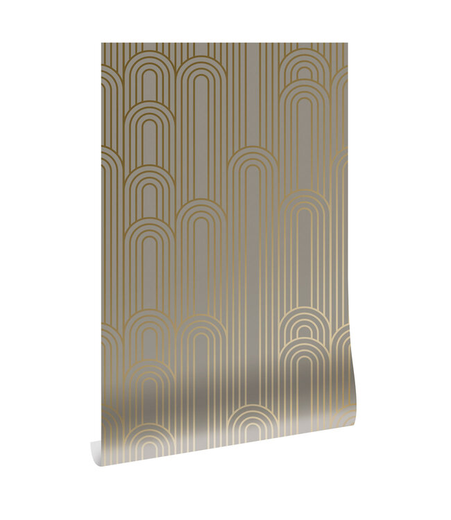 Golden Lines, Tapete mit goldenen geometrischen Linien, Taupe, Waschbar, 100 x 280 cm