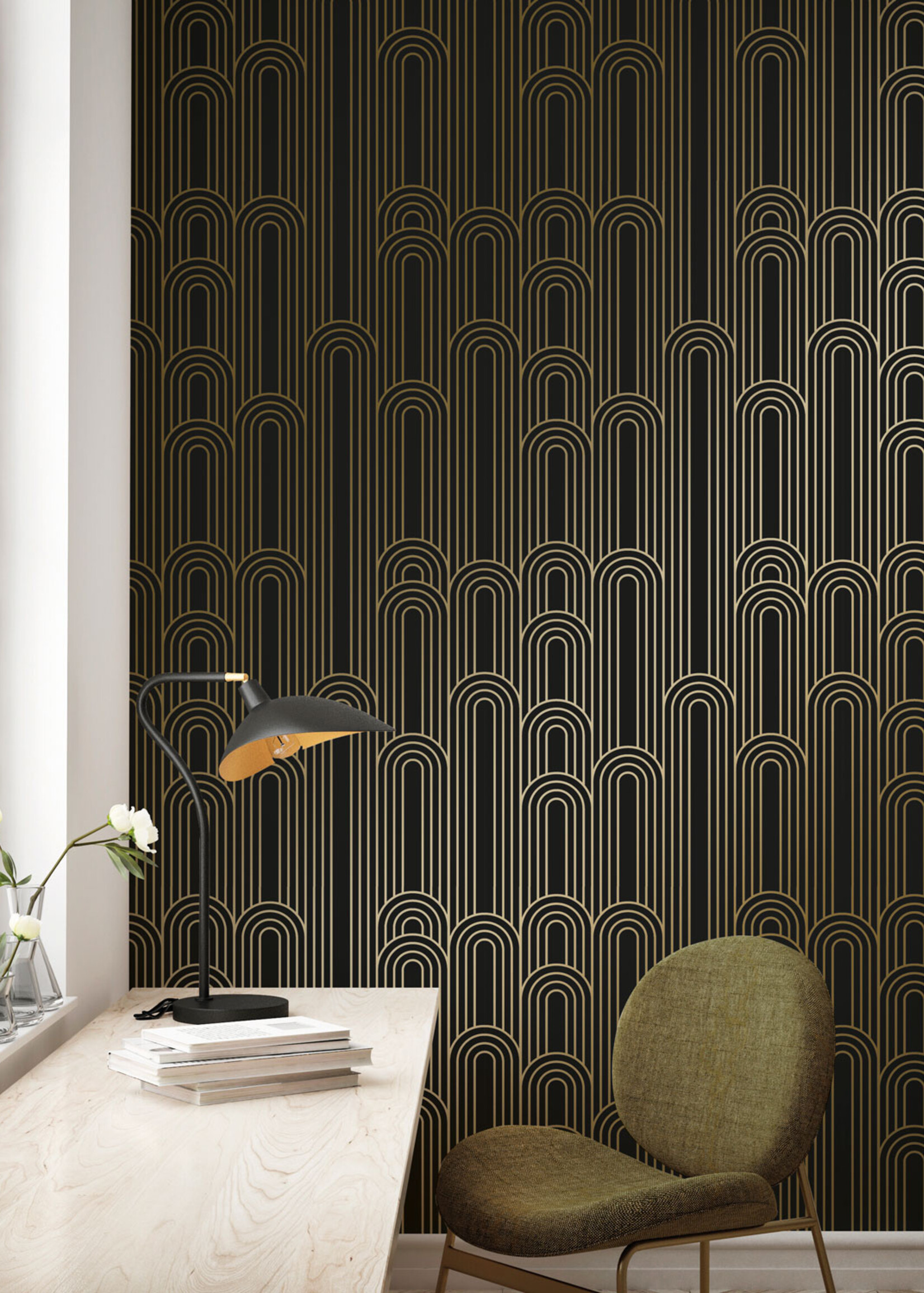 Goud metallic | Afwasbaar Golden Lines, Tapete mit goldenen geometrischen Linien, Schwarz, Waschbar, 100 x 280 cm